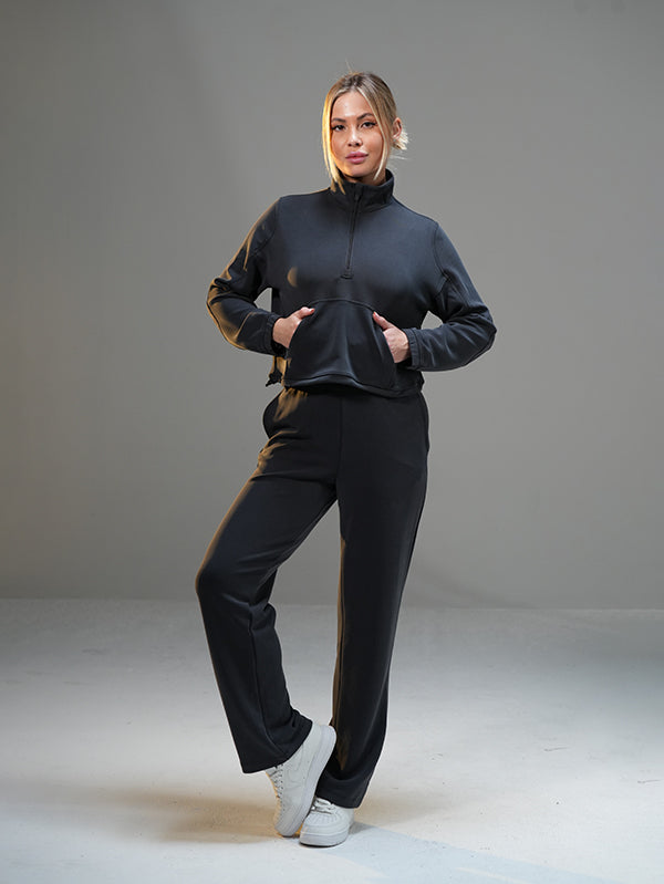 Set Cropped Half-Zip Hoodie with Wide Leg Pant
