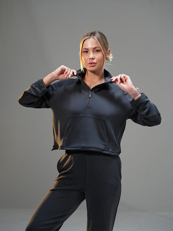 Set Cropped Half-Zip Hoodie with Wide Leg Pant